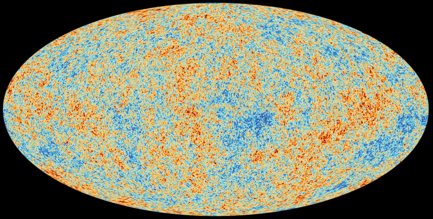 Planck satellite all-sky map of the cosmic microwave background, showing temperature fluctuations across the full sky in a Mollweide projection